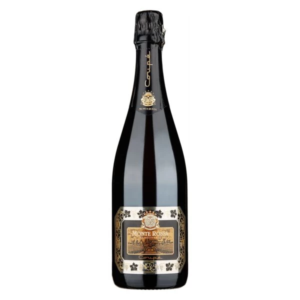 Bottiglia Franciacorta Brut Coup&eacute; Monte Rossa Pas Dos&eacute; Chardonnay e Pinot Nero etichetta bianca e azzurra