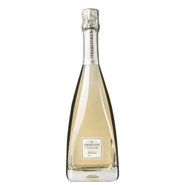 Bottiglia quadrata Franciacorta Brut Milled&igrave; Ferghettina Chardonnay in purezza con etichetta argentea
